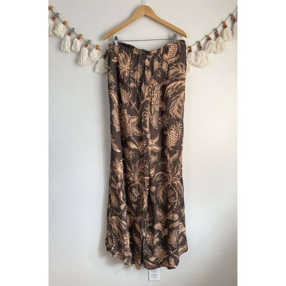 Farm Rio x Anthropologie Strapless Waistless Jumpsuit Wide Leg Brown Floral NWT
